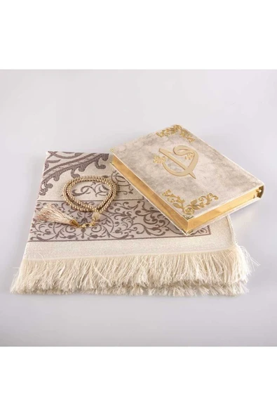 Seccade + Tesbih + Kuran Hediye Seti (orta Boy, Kadife, Vizon) - Resim 2