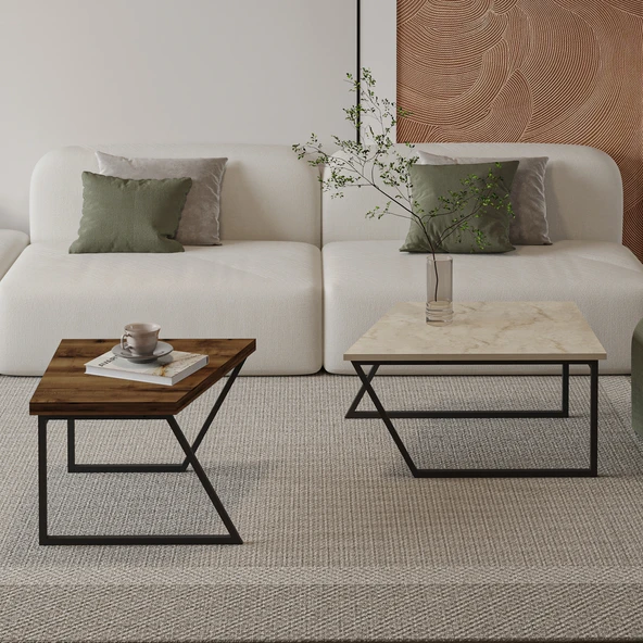 Verona İkili Orta Sehpa – Modern Tasarım Metal Ayaklı Sehpa Seti - 3