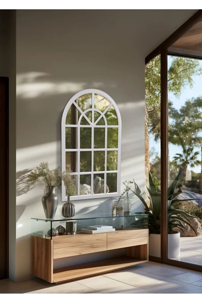 CG HOME Pencere Model, Ayna, Duvar Aynası, Salon Aynası, Dressuar Aynası, Ahşap Lake Boyalı, Beyaz - Resim 5