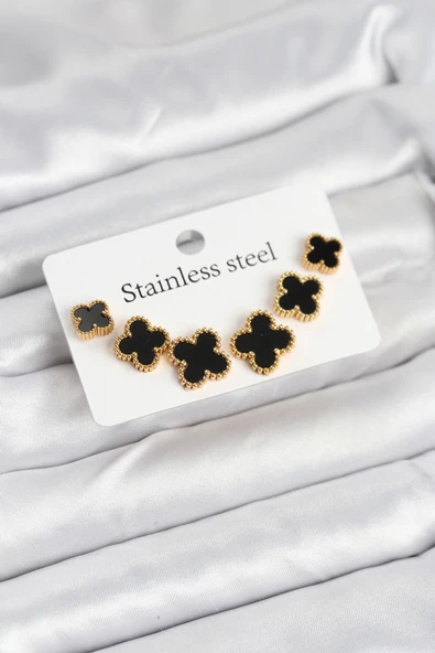 316L Çelik Gold Siyah Renk 3 Boy Yonca Küpe Seti - TJ-BKP11235