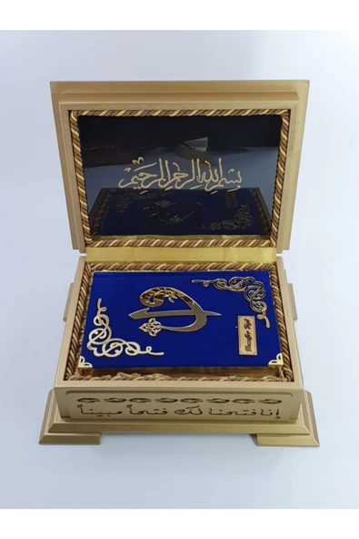Hediye Kuranı Kerim Seti Ahşap Kutulu Koyu Mavi - Resim 3