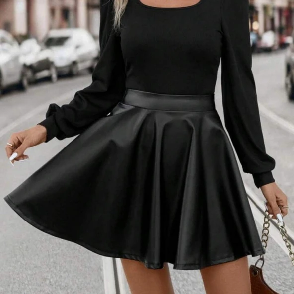 MDB Kadın Uzun Kollu Kare Yaka üst Viskon Alt Deri Mini Elbise - Resim 4