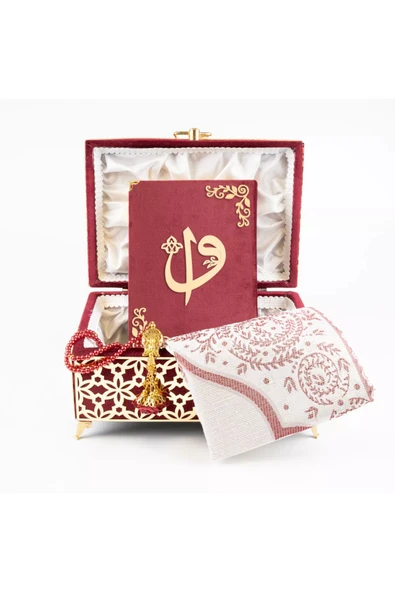 Desenli Kutu Çeyizlik, Seccade + Tesbih + Kuran Hediye Seti (Çanta Boy, Kadife, Bordo, Elif-Vav) - Resim 5