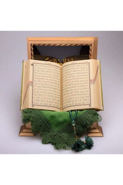 Hediyelik Ahşap Kutulu Kur'an-ı Kerim Elif-vav Hafız Boy K.yeşil Tülbent Ve Tespihli - Resim 2