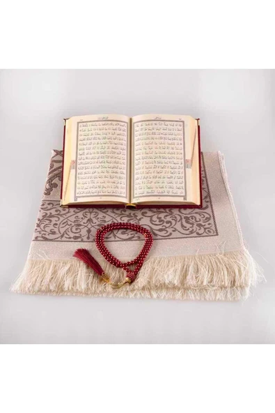 Seccade + Tesbih + Kuran Hediye Seti (çanta Boy, Kadife, Bordo) - Resim 3