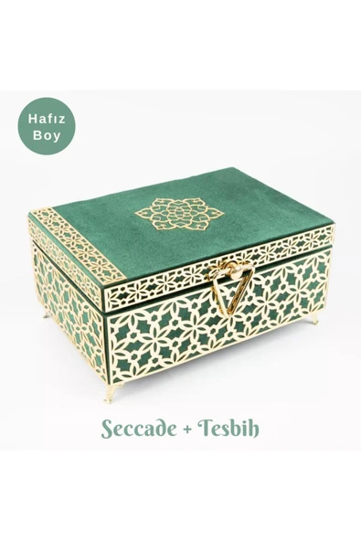 Desenli Kutu Çeyizlik, Seccade + Tesbih + Kuran Hediye Seti (Hafız Boy, Kadife, Yeşil, Elif-Vav) ürün görseli