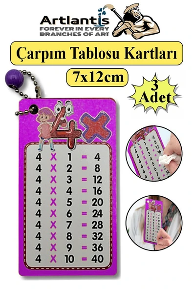 Zincirli Çarpım Tablosu 3 Adet 7x12 cm Büyük Cep Zircirli Çarpım Tablosu Yaz Sil Özellikli Çarpım Tablosu Kartları Karne ürün görseli