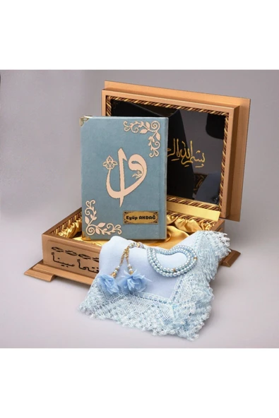 Hediyelik Ahşap Kutulu Kur'an-ı Kerim Elif-vav Hafız Boy G Mavi Tülbent Ve Tespihli ürün görseli