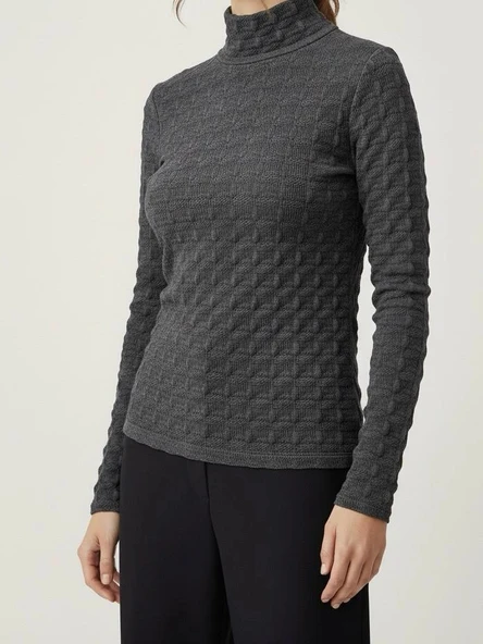 Sıcak Tutan Kışlık | Gri Desenli Kadın Yarım Balıkçı Yaka Triko Kazak - 2