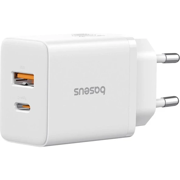 Baseus Cube Type-C + USB Girişli U+C 20W Hızlı Şarj Cihazı iPhone 15 14 13 12 11 Uyumlu Samsung ve Android Uyumlu Beyaz ürün görseli