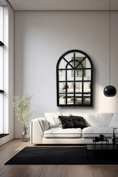 CG HOME Pencere Model, Ayna, Duvar Aynası, Salon Aynası, Dressuar Aynası, Ahşap Lake Boyalı, Siyah - Resim 4