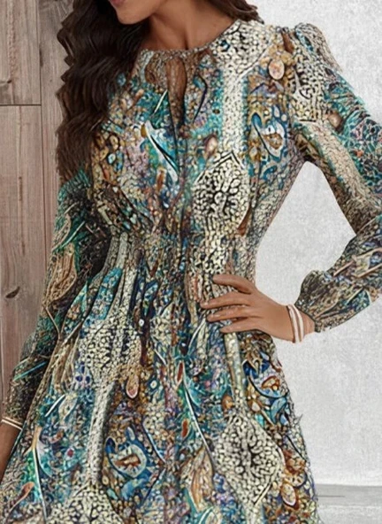 MDB Kadın Uzun Kollu Uakadabağcıklı Beli Lastikli Desenli Uzun Süprem Elbise - Resim 2