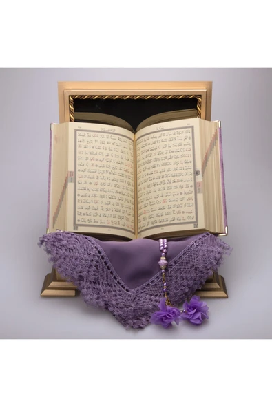 Hediyelik Kur'an-ı Kerim Kadife Ahşap Kut. Hafız B. Lila Elif-vav Tes. Tülbentli - Resim 3