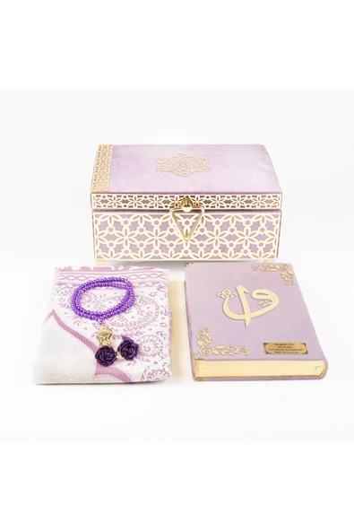 Desenli Kutu Çeyizlik, Seccade + Tesbih + Kuran Hediye Seti (Çanta Boy, Kadife, Lila, Elif-Vav) - Resim 3