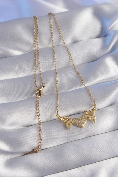 316L Çelik Zincir Gold Renk Zirkon Taşlı Kalp Model Kelebek Detay Kolye - TJ-BKO8773 - 2
