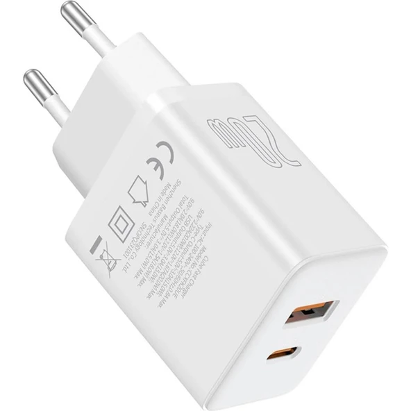 Baseus Cube Type-C + USB Girişli U+C 20W Hızlı Şarj Cihazı iPhone 15 14 13 12 11 Uyumlu Samsung ve Android Uyumlu Beyaz - Resim 3
