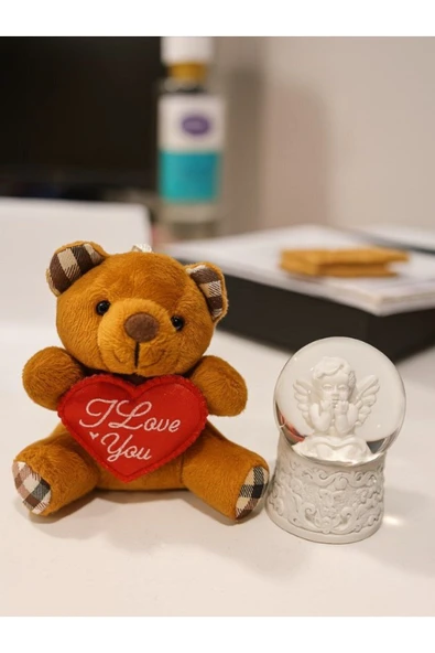 Sevgiliye Eşe Özel Günlere Hediye Sevimli Mini Peluş Ayıcık ve Mini Melek Kar Küresi Set Kahverengi ürün görseli 1