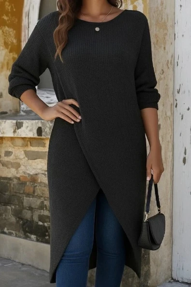 MDB Kadın Uzun Kollu Bisiklet Yakalı önden çapraz Kesim Detaylı Midi Triko Elbise - Resim 2