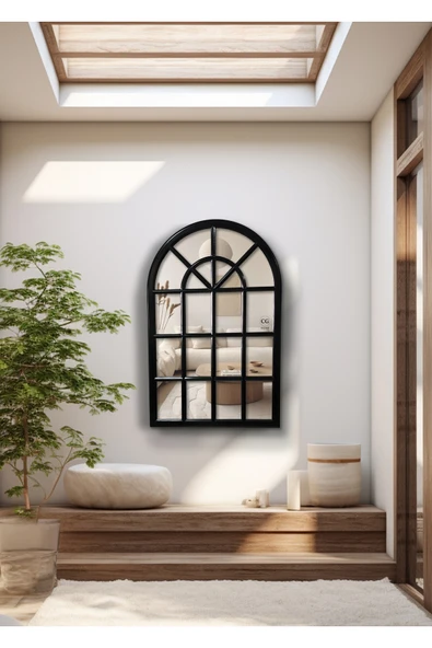 CG HOME Pencere Model, Ayna, Duvar Aynası, Salon Aynası, Dressuar Aynası, Ahşap Lake Boyalı, Siyah - Resim 3