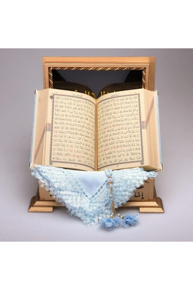 Hediyelik Ahşap Kutulu Kur'an-ı Kerim Elif-vav Hafız Boy G Mavi Tülbent Ve Tespihli - Resim 2