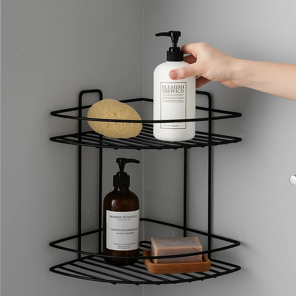 Siyah İki Katlı Vidalı Duş Şampuanlık Köşe Rafı Banyo Organizeri Askılı Şampuanlık Düzenleyici - Resim 2