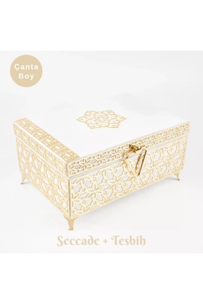 Desenli Kutu Çeyizlik, Seccade + Tesbih + Kuran Hediye Seti (Çanta Boy, Kadife, Beyaz, Elif-Vav) ürün görseli