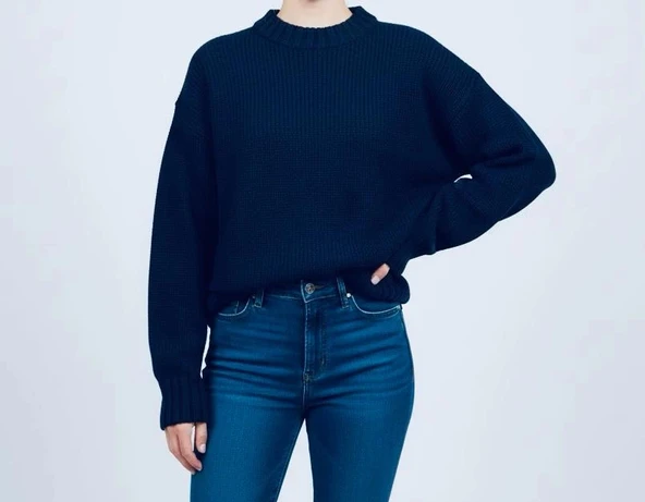 Sıcak Tutan Kışlık | Lacivert Kalın Örgü Kadın Bisiklet Yaka Triko Kazak - 3