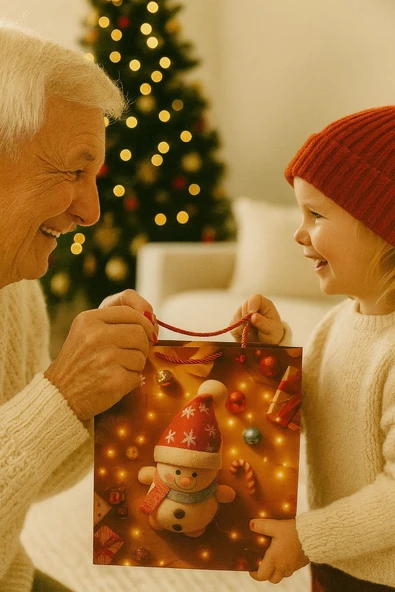 3 Boyutlu Büyük Kardan Adam Yılbaşı Temalı Hediye Paketi & Çanta & Poşet 40*30*12 cm - Resim 2