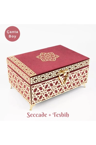 Desenli Kutu Çeyizlik, Seccade + Tesbih + Kuran Hediye Seti (Çanta Boy, Kadife, Bordo, Elif-Vav) ürün görseli