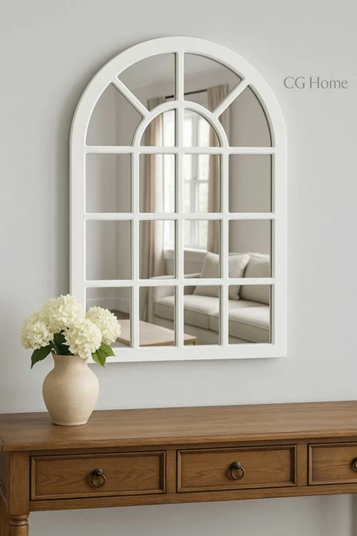 CG HOME Pencere Model, Ayna, Duvar Aynası, Salon Aynası, Dressuar Aynası, Ahşap Lake Boyalı, Beyaz - Resim 2