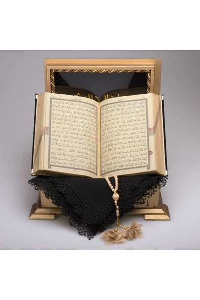 Şal Tesbih Kuran Hediye Seti (HAFIZ BOY, AHŞAP KUTULU, KADİFE, SİYAH) - Resim 3