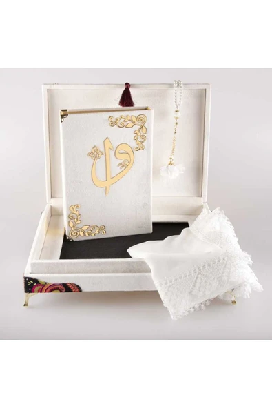 Şal Tesbih Kuran Hediye Seti (ORTA BOY, KADİFE SANDIKLI, BEYAZ) - Resim 4