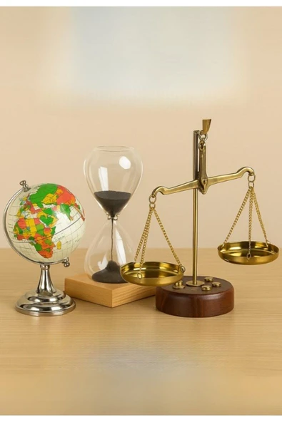 Dekoratif Ofis Hediyesi 3 Lü Masa Üstü Seti Retro Terazi Kum Saati Cam Dünya Küre Dekoratif Hediye - Resim 2