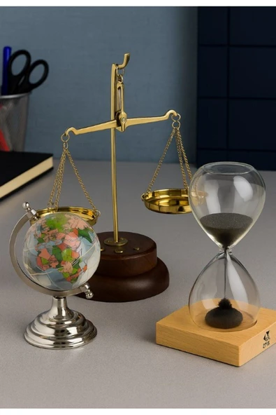 Dekoratif Ofis Hediyesi 3 Lü Masa Üstü Seti Retro Terazi Kum Saati Cam Dünya Küre Dekoratif Hediye ürün görseli 1