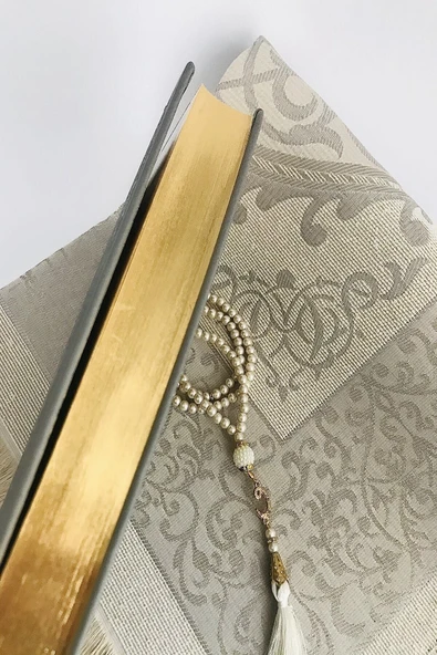 Orta Boy( 16x24 Cm)termo Deri Kuran-ı Kerim Gri,seccade,inci Tesbih Set - Resim 4