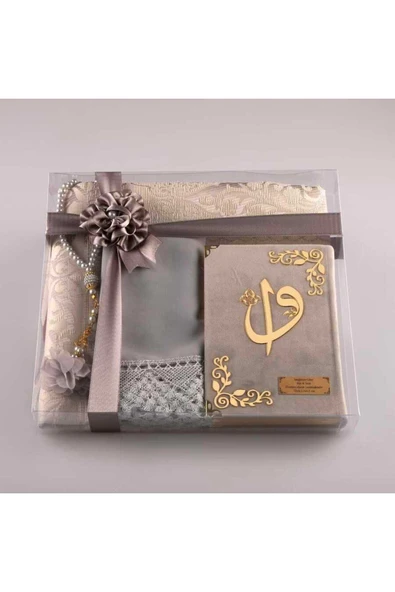 Şal + Seccade + Tesbih + Kuran Hediye Seti (çanta Boy, Kadife, Gri) ürün görseli