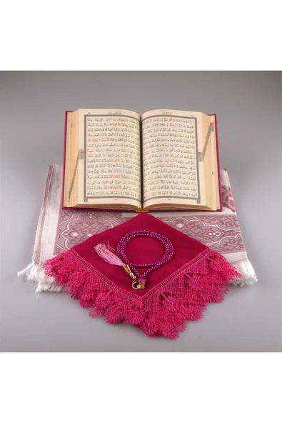 Şal + Seccade + Tesbih + Kuran Hediye Seti (hafız Boy, Fuşya Pembe) - Resim 3
