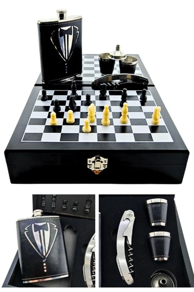 Deri Kaplamalı Çelik Matara ve Çakı Hediye Seti 2 Bardak Özel Ahşap Kutusunda Satranç Takımı - 2