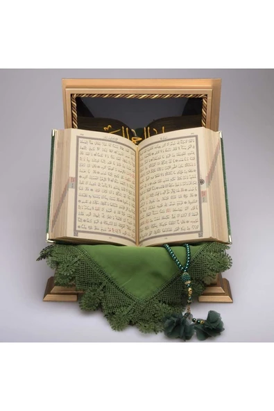Şal + Tesbih + Kuran Hediye Seti (hafız Boy, Ahşap Kutulu, Zeytin Yeşili) - Resim 3