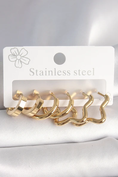 316L Çelik Gold Renk Yıldız Halka Model Kadın Küpe Seti - TJ-BKP10392