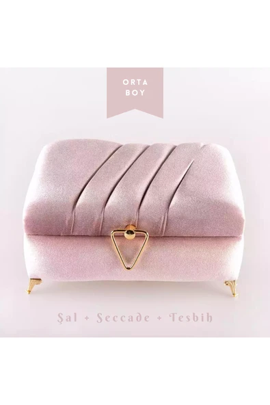 Çizgili Kutu Çeyizlik, Şal + Seccade + Tesbih + Kuran Hediye Seti (Orta B. Kadife, P.Pembe, ElifVav) ürün görseli