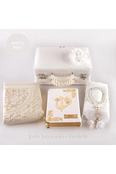 Boncuklu Kutu Çeyizlik, Şal + Seccade + Tesbih + Kuran Hediye Seti (Hafız B. Kadife, Beyaz) ürün görseli