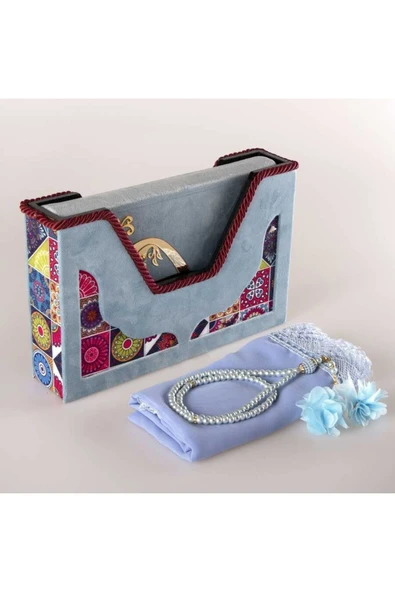 Şal Tesbih Kuran Hediye Seti (ORTA BOY, KADİFE V KUTULU, GÖK MAVİ) ürün görseli