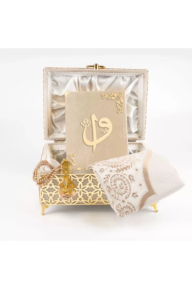 Desenli Kutu Çeyizlik, Seccade Tesbih Kuran Hediye Seti (HAFIZ BOY, KADİFE, VİZON, ELİF-VAV) - Resim 4