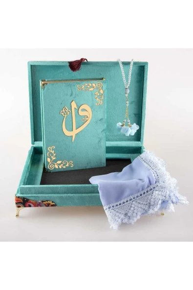 Şal Tesbih Kuran Hediye Seti (ORTA BOY, KADİFE SANDIKLI, TURKUAZ) - Resim 4
