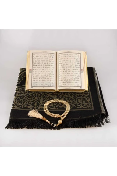Seccade + Tesbih + Kuran Hediye Seti (çanta Boy, Kadife, Gold-1) - Resim 3