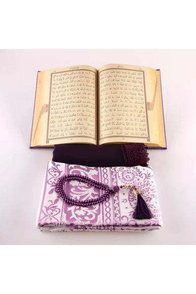 Şal + Seccade + Tesbih + Kuran Hediye Seti (Çanta Boy, Termo Deri, Mor) - Resim 4