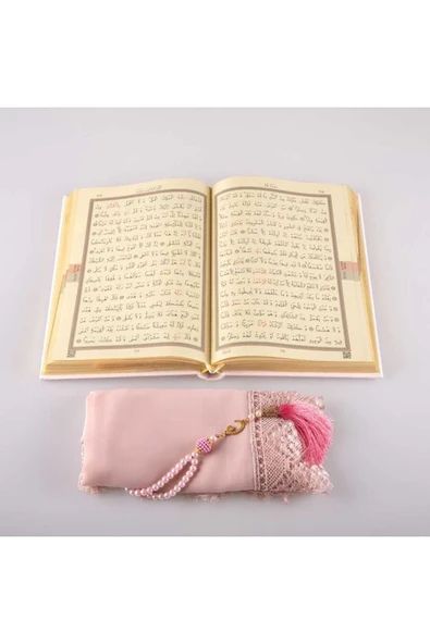 Şal + Tesbih + Kuran Hediye Seti (orta Boy, Toz Pembe) - Resim 3