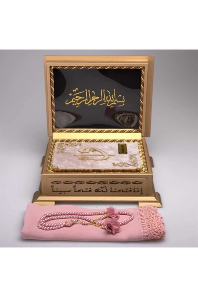 Şal + Tesbih + Kuran Hediye Seti (hafız Boy, Ahşap Kutulu, Bebe Pembe) - Resim 2