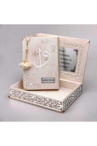 Tesbih Kuran Hediye Seti (ORTA BOY, ELİFVAV, GÜMÜŞ PLEKSİ, RAŞEL KUTU, KREM) ürün görseli
